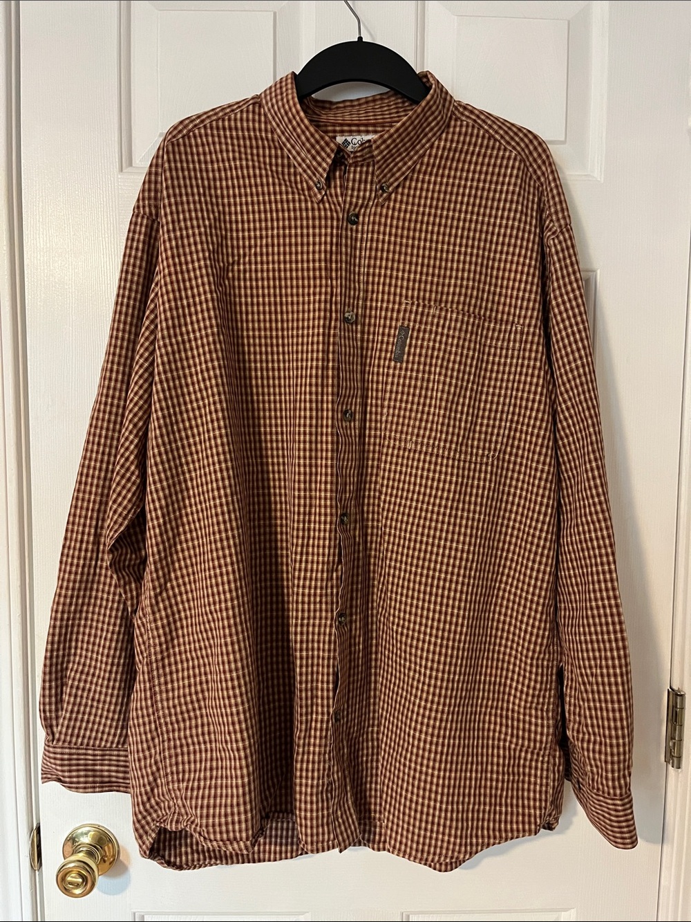 Columbia Vintage Button Down Shirt Mens Large Brown Orange Micro Plaid Size XL